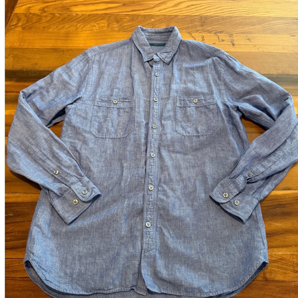 Perry Ellis Blue Linen Cotton Blend Roll Tab Sleeve Button Down Shirt Size M